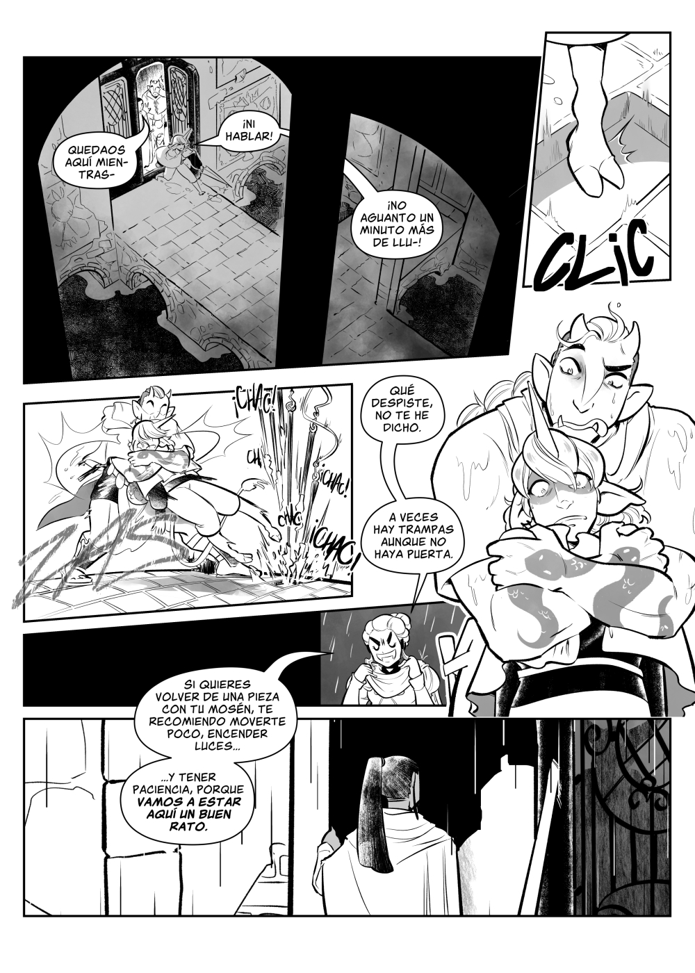 Página de cómic en la que Murta entra en el laberinto pese a las recomendaciones de Cam, inmediatamente activa una trampa y Zania le salva por los pelos. Cam está fuera, dudando si entrar.