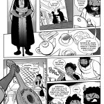 Página de cómic en la que Melisa, la lutier del capítulo 5, ha venido a visitar la tetería. Jacin se alegra, le saca un té con dulces y le enseña el dulcimer de Edel